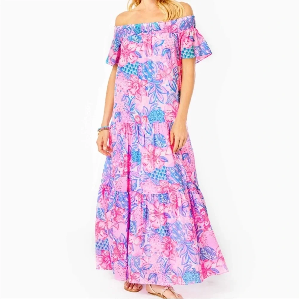 Lilly Pulitzer Dezi Off Shoulder Maxi Dress Pink Snappy Turtle - Picture 4 of 7